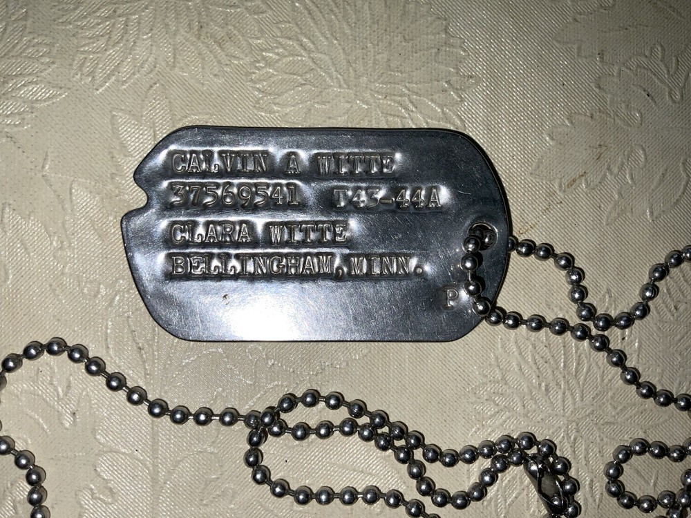 Vtg WW2 US Army Military Dog Tag Notch Next Of Kin Calvin A Witte Minnesota
