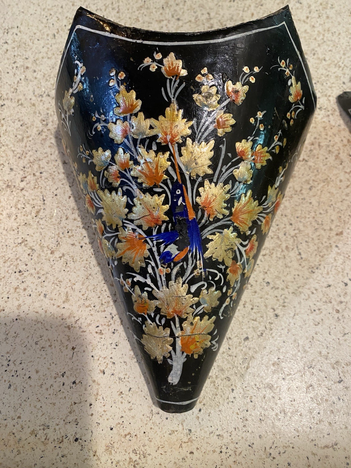 Set Of VINTAGE ASIAN CHINOESERIE BLACK LACQUER WALL POCKETS Orange Florals Birds