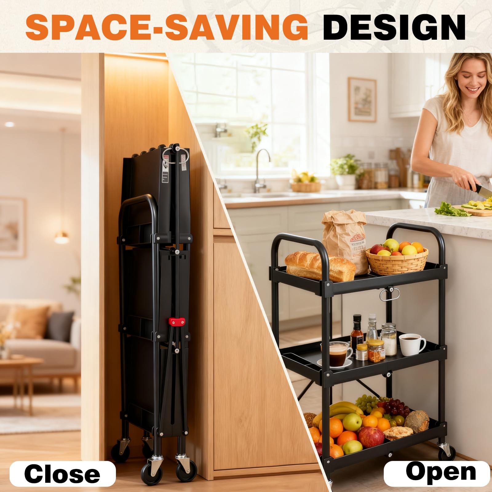 3-Tier Folding Utility Cart, Collapsible Service Cart with 4 Swivel Wheels & ...