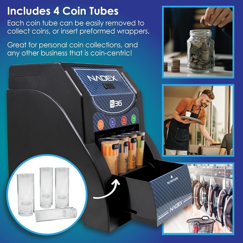 Compact 36S Automatic Coin Sorter - Fast Sorting with Overflow Tray Included