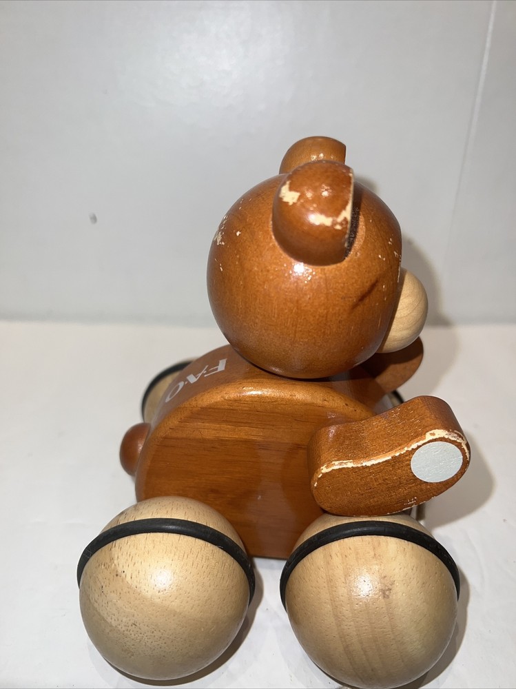 FAO Swartz Teddy Bear Wooden Brown Pull Toy EUC