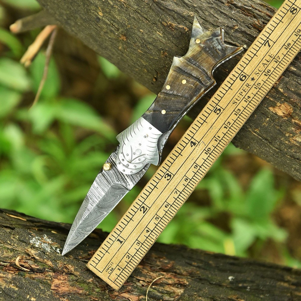 Damascus Folding Dagger Blade Pocket Knife Tactical-Original Ram Horn Handle