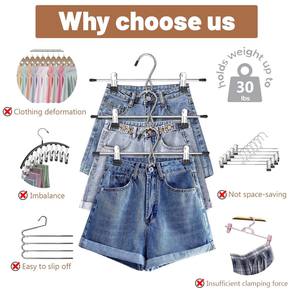 Pants Hangers Space Saving,Stackable Skirt with Clips, 8pack, Sliver