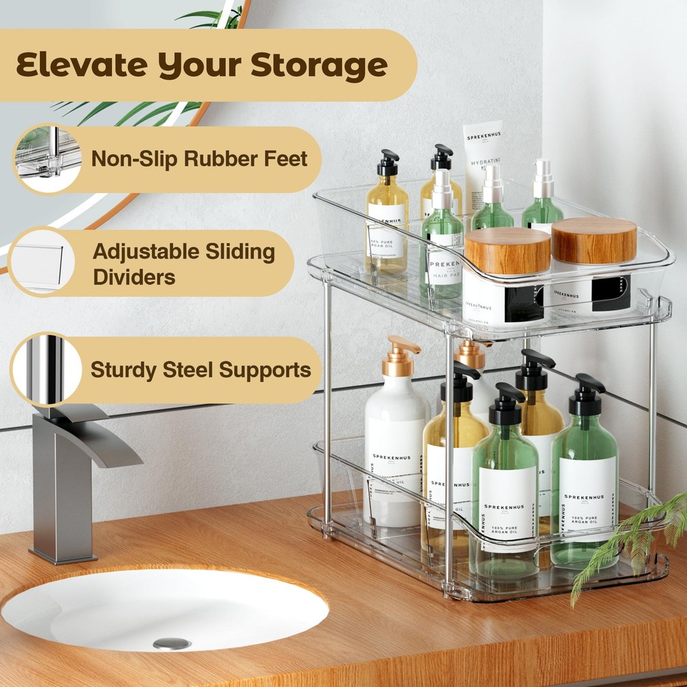 2 Tier Pull-Out Organizer for Bathroom Kitchen, Under Sink Storage with Divid...