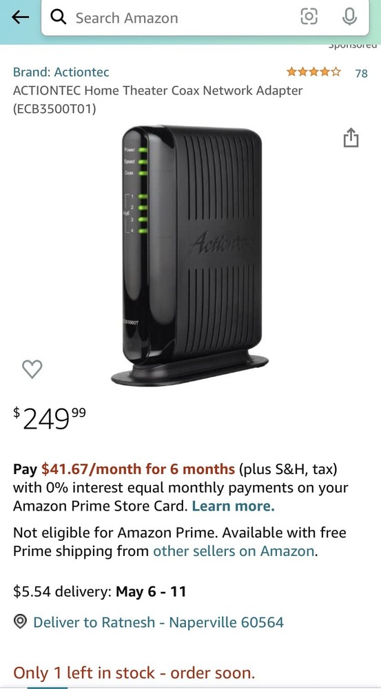 Actiontec ECB3500T Multi-Band (D/E) MoCA Network Adapter