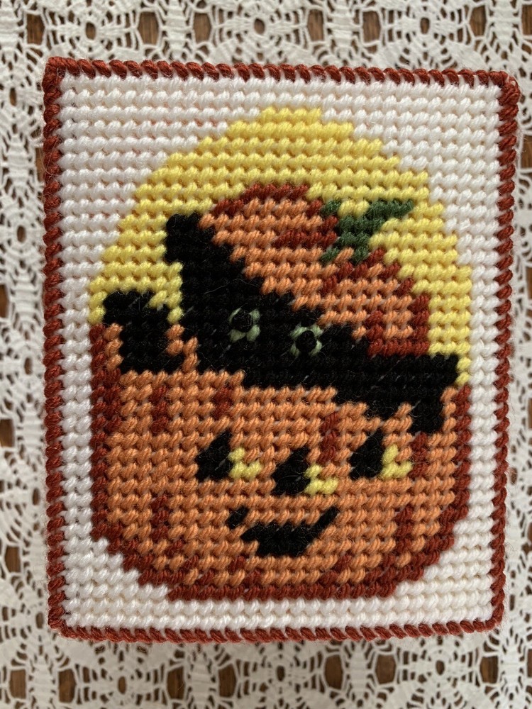 Handmade Needlepoint Plastic Canvas Tissue Box Cover - Jack O’Lantern Kitten