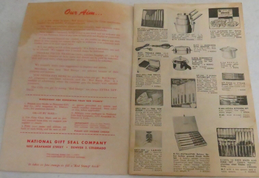 Red Stamp Premium Catalog 1952 National Gift Seal Denver CO Knapp Monarch Salem