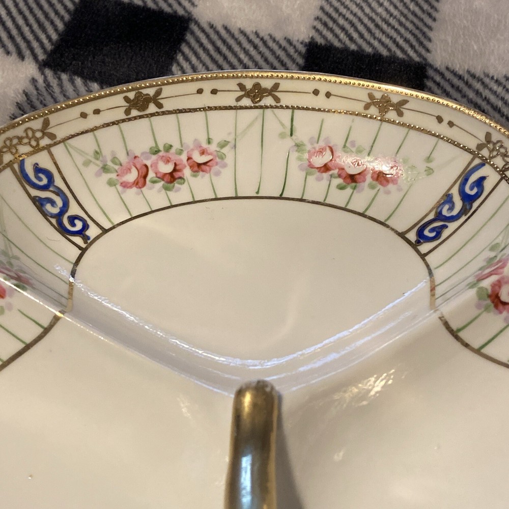Nippon / Open Handled 3-part Relish / Nut Dish / Tray Hand Painted