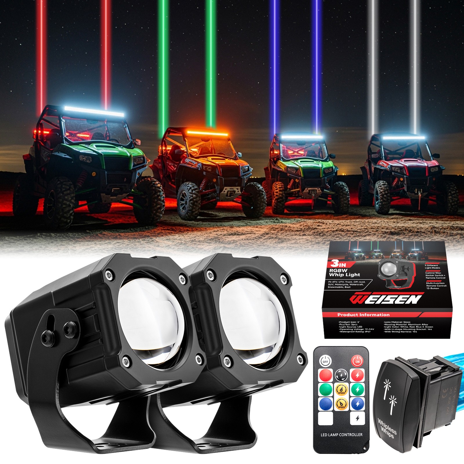 2x Laser RGBW LED Whip Lights Whipless Antenna For ATV UTV SXS Can-am x3 Polaris