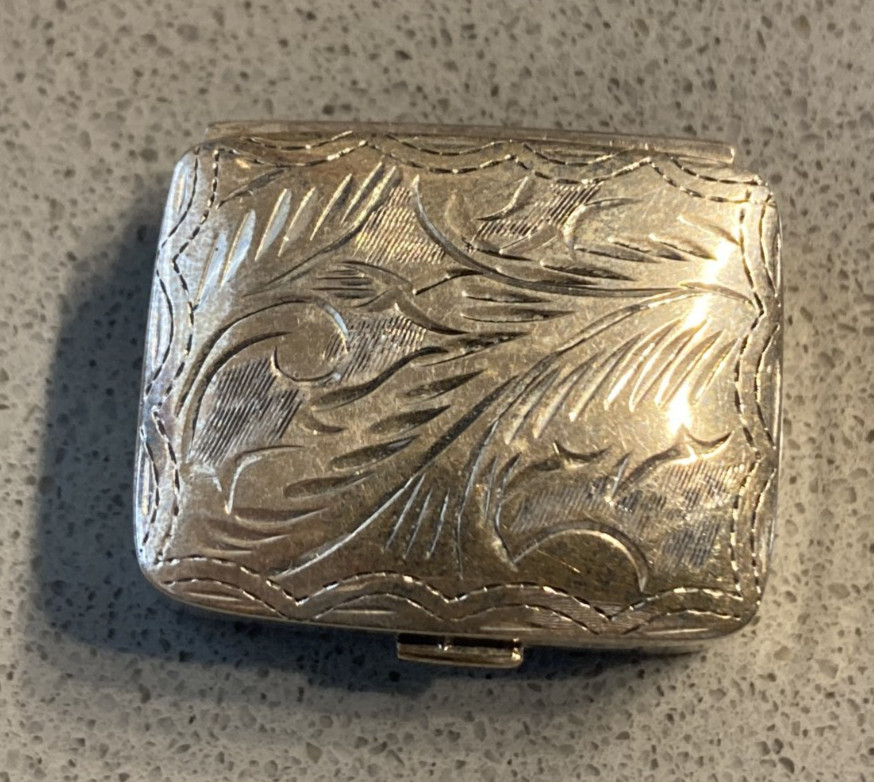 Vintage Engraved Sterling Silver Rectangle Pill Box