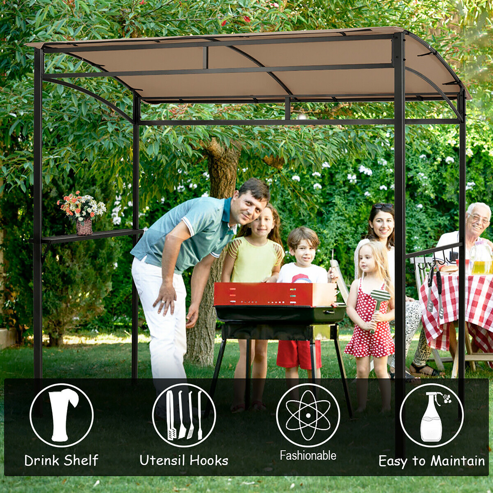 7'x4.5' Grill Gazebo Outdoor Patio Garden BBQ Canopy Shelter Storage Hook Brown