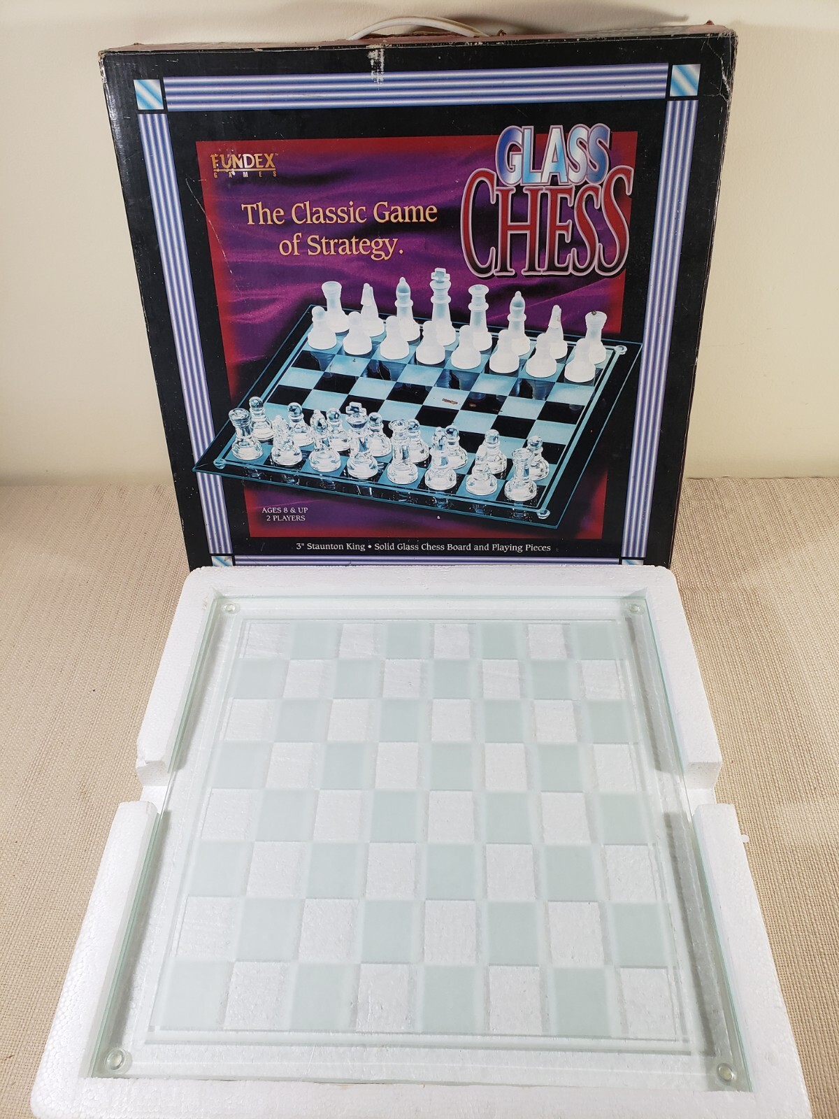 Chess Board Vtg 14 x 14 Glass w/ Glass & Frosted Playing Pieces Complete w/ Box