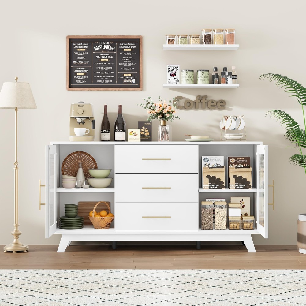 56" Sideboard Buffet Cabinet with Storage Drawer and  Adjustable Shelf, White