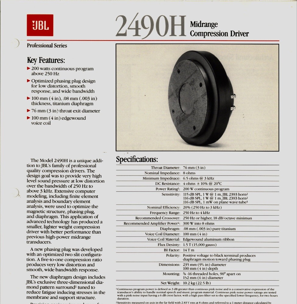 JBL 2490H Large Format MF Compression Drivers with Orig. Diaphragms MATCHED PAIR