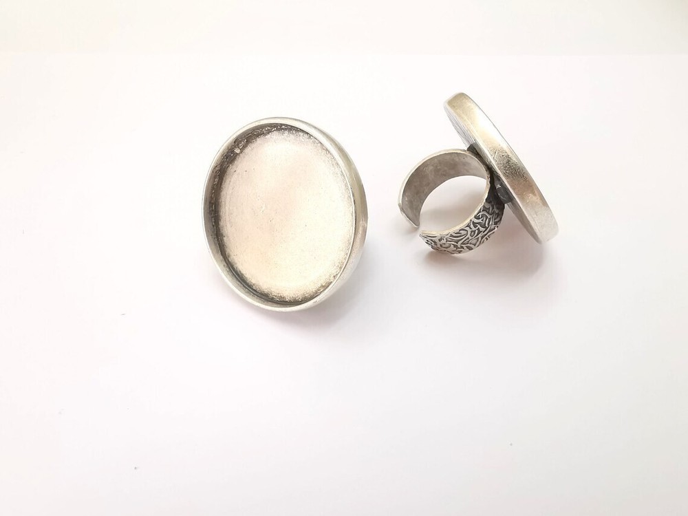 Round Antique Silver Ring Blank Setting, Cabochon Mounting Adjustable Resin Ring