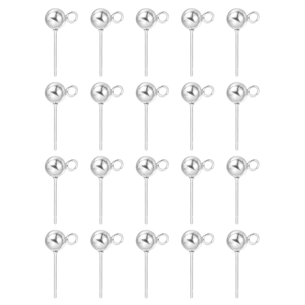 20Pcs Ball Post Stud Earrings, 17x5mm Round Ear Pin with Vertical Loop, Silver