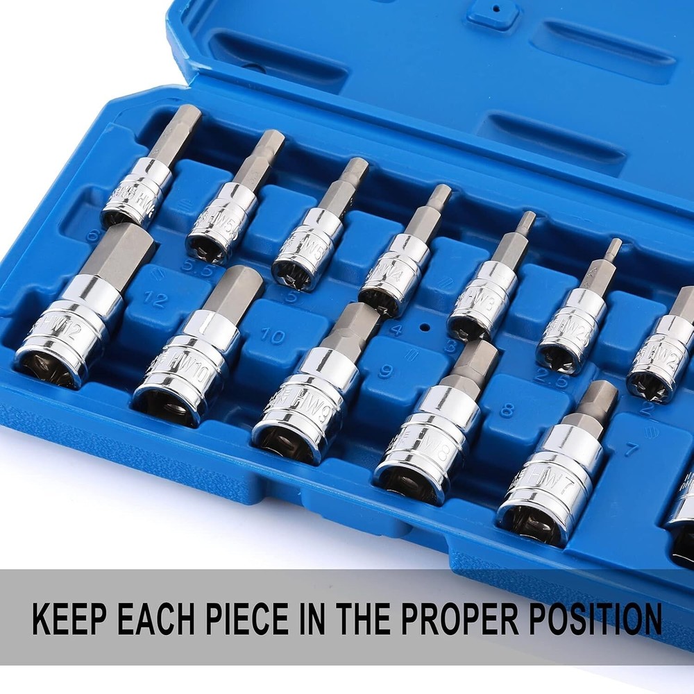 13Pcs Hex Bit Socket Set S2 Steel Bit Socket Tool Kit Metric 2mm-14mm Allen Bit