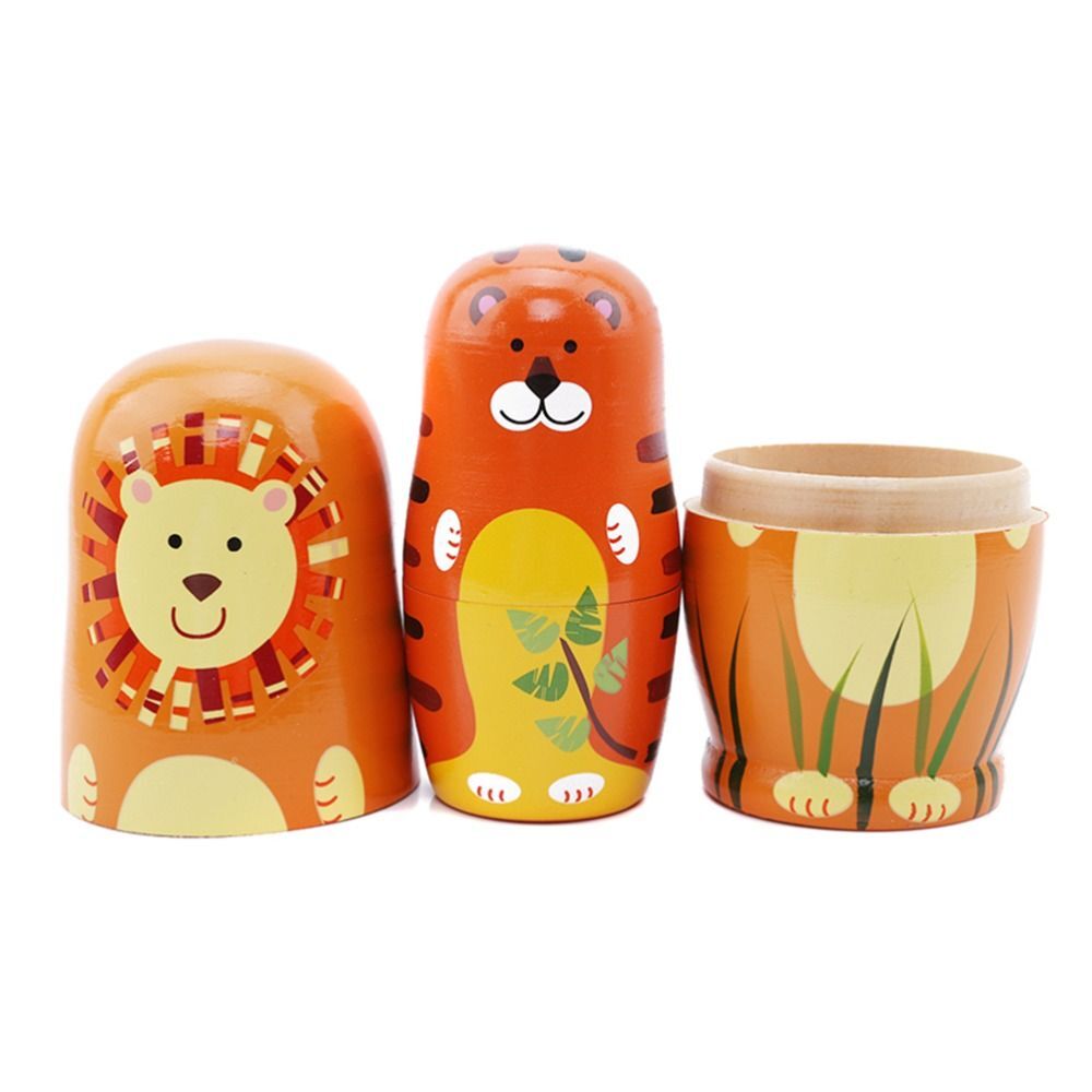 5 Pcs Cute Nesting Dolls Handmade Wooden Different Pattern Animals Pattern Toys