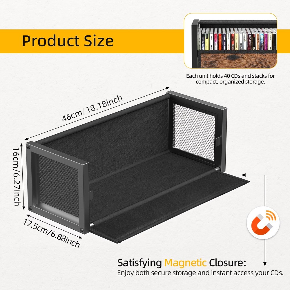 2-Tier CD Holder with Fabric Wood Grain Texture, Stackable CD Storage Case an...