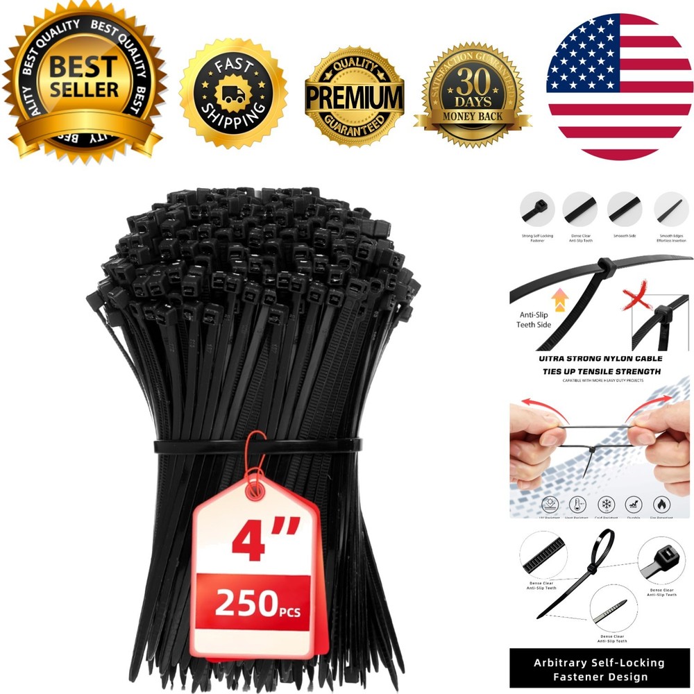 Multi-Purpose Black Zip Ties - 250 Count, 4-Inch Self-Locking Nylon Cable Ties
