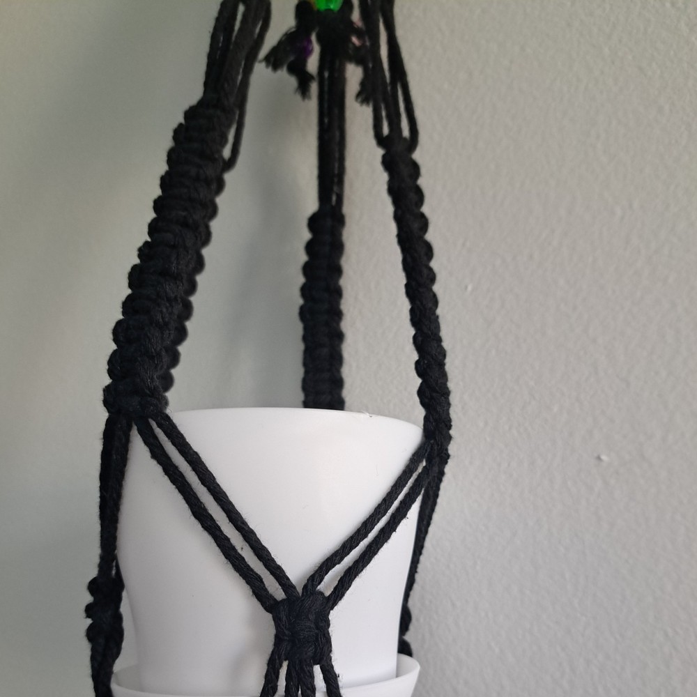Macrame Plant Hanger, Black with Multicolored Beads