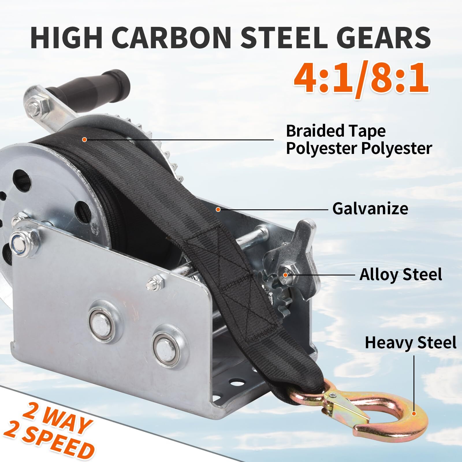 Boat Trailer Winch 2500lbs 2 Gear Polyester Strap Winch ATV Boat Trailer