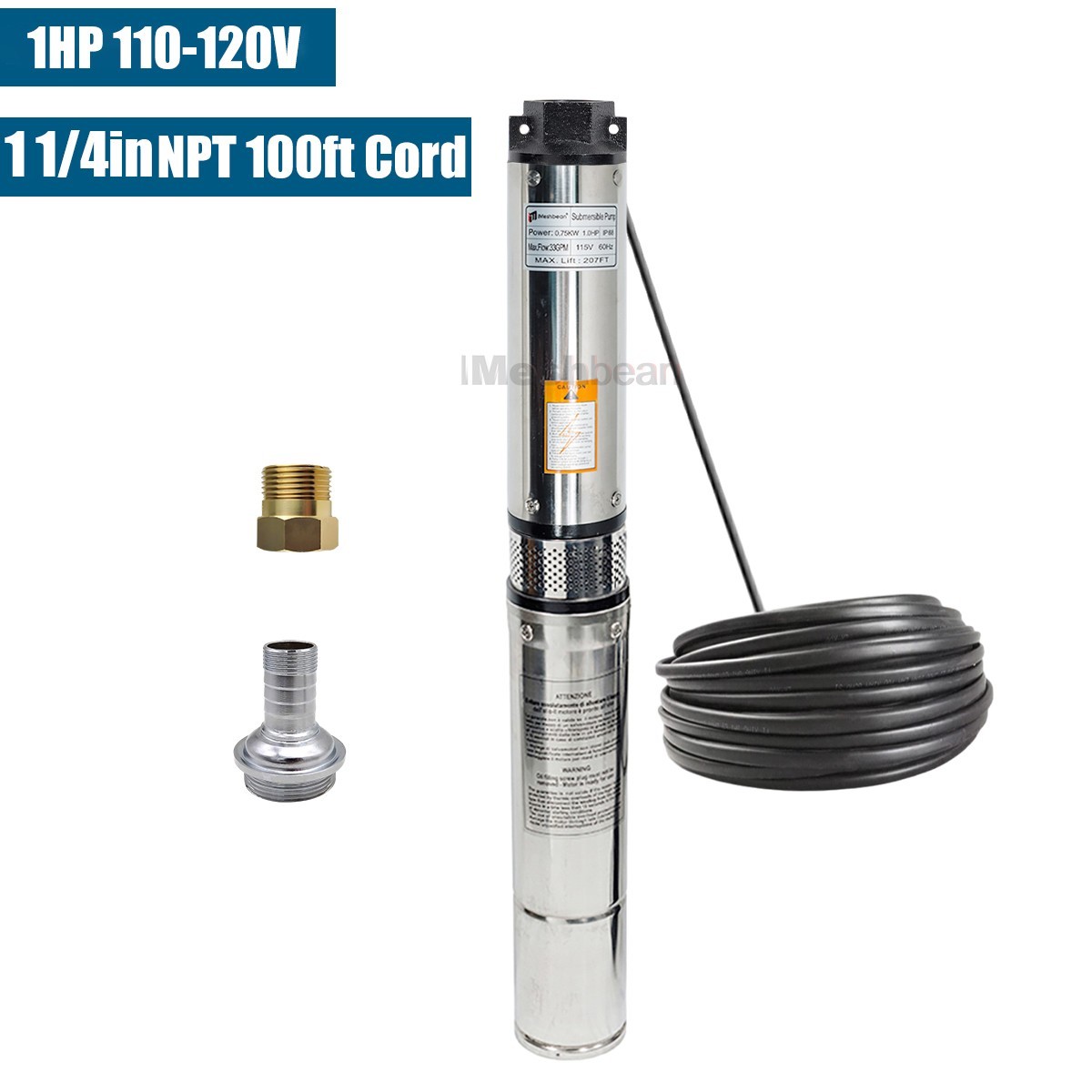 1HP 4" Deep Well Submersible Pump 33GPM 276FT Hmax 100ft Cord 1 1/4'' NPT 110V