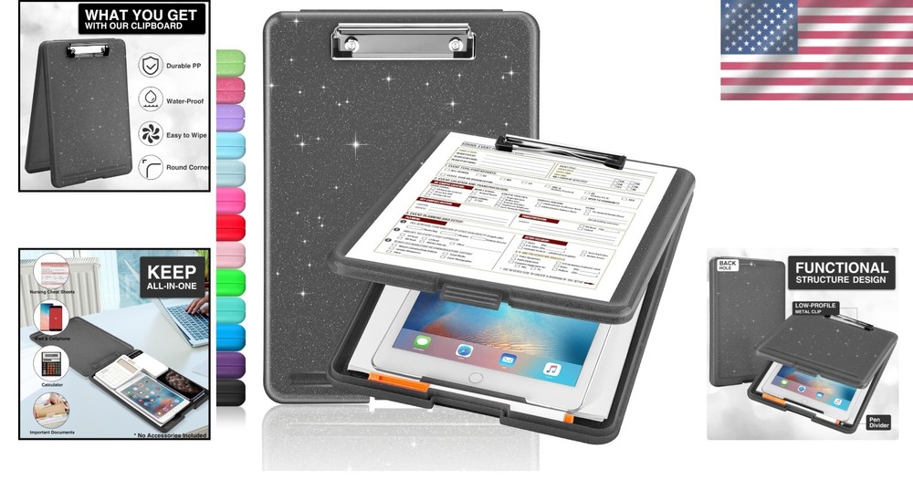 Waterproof Glitter Clipboards with Ample Storage - Perfect for Nurses & Students
