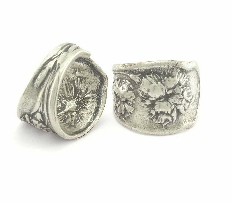 Spoon Ring Flower Patterned Adjustable Ring Antique Silver Plated Brass Jewelry