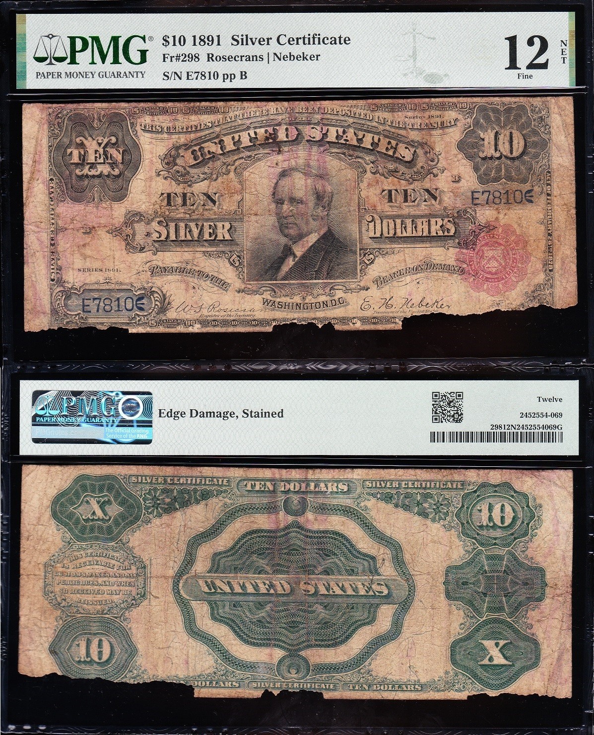 *RARE* 1891 $10 "TOMBSTONE" Silver Certificate! PMG 12/n! FREE SHIPPING! E7810