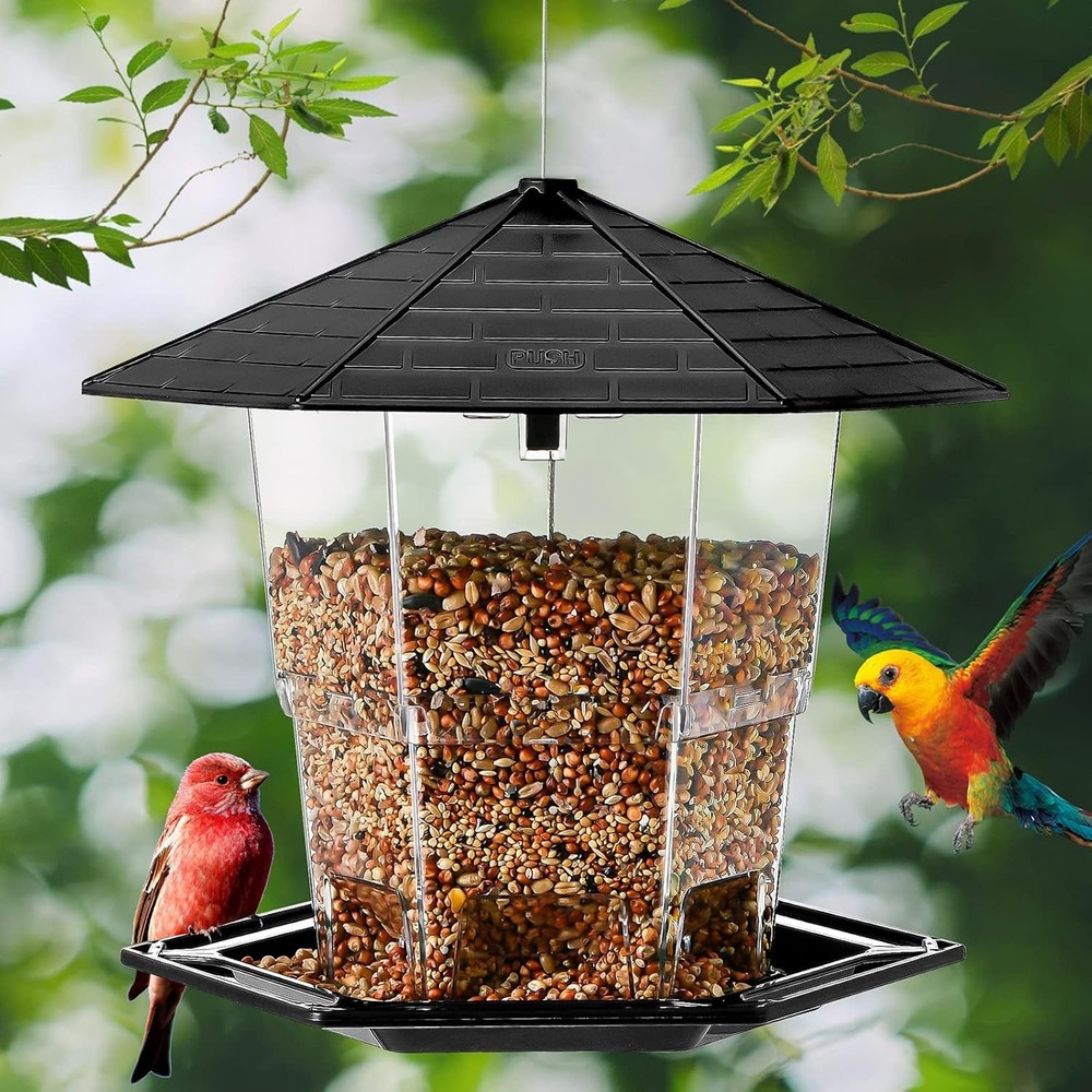 Squirrel Proof Hanging Bird Feeder with 360° Perch & Easy-Refill Top - Black