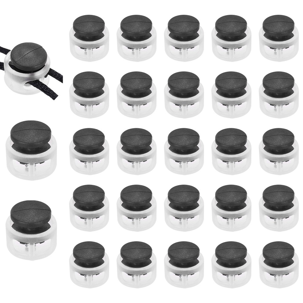 25Pcs Plastic Spring Cord Lock Double Hole Round Stopper Transparent Black