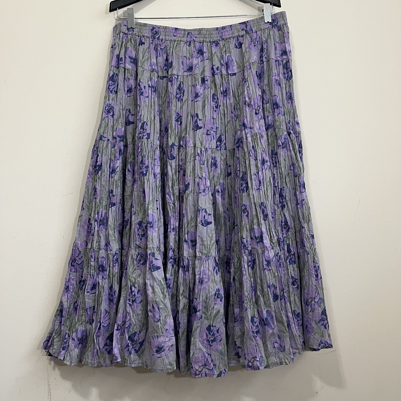 VTG Women 90s Cotton Floral Broomstick Tiered Maxi Skirt 2X Cottagecore  Purple