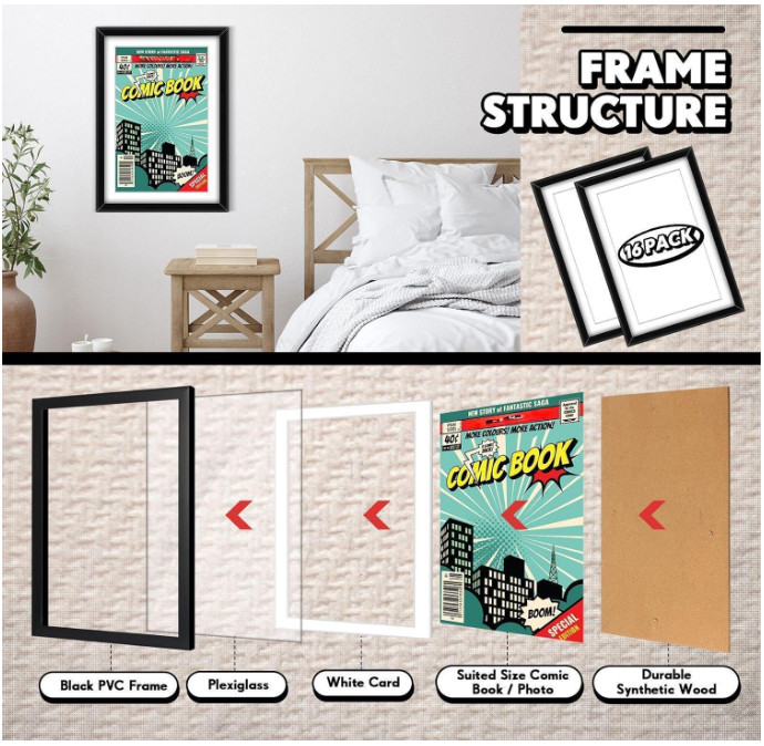 Geetery 16 Pack Comic Book Frames UV Protection Wall or Tabletop Display