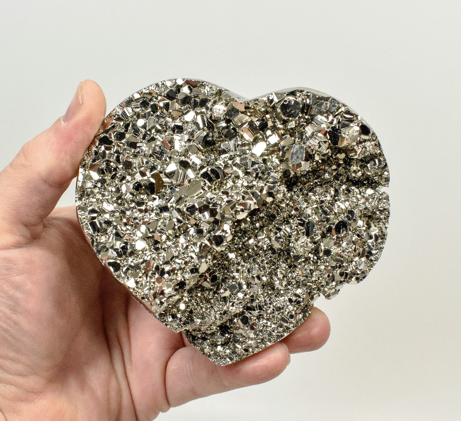4.21" Polished PYRITE CRYSTAL HEART Carving Huanzala mine, Peru T707