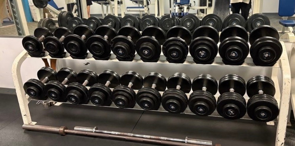 Hampton | Round Rubber Coated Dumbbell Set 20lbs through 65lbs w/ Rack