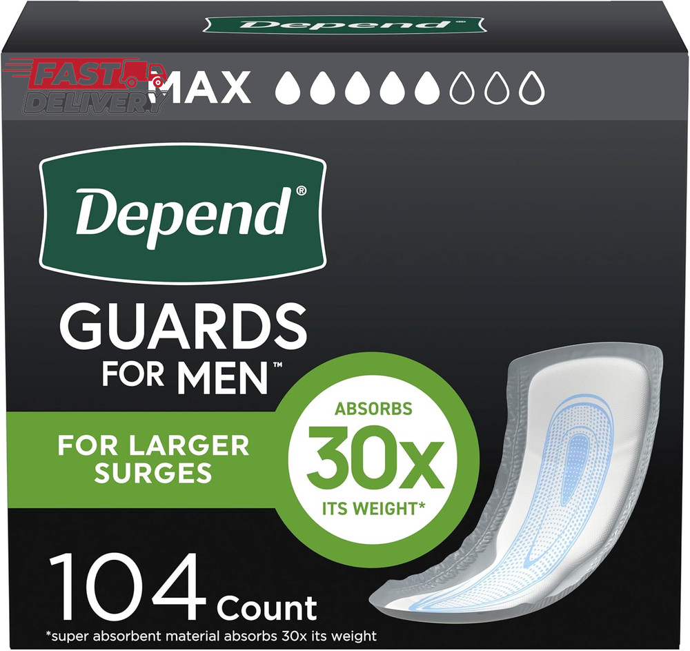 Depend Guards Incontinence Pads for Men, Maximum Absorbency, 104 Count (2 Packs