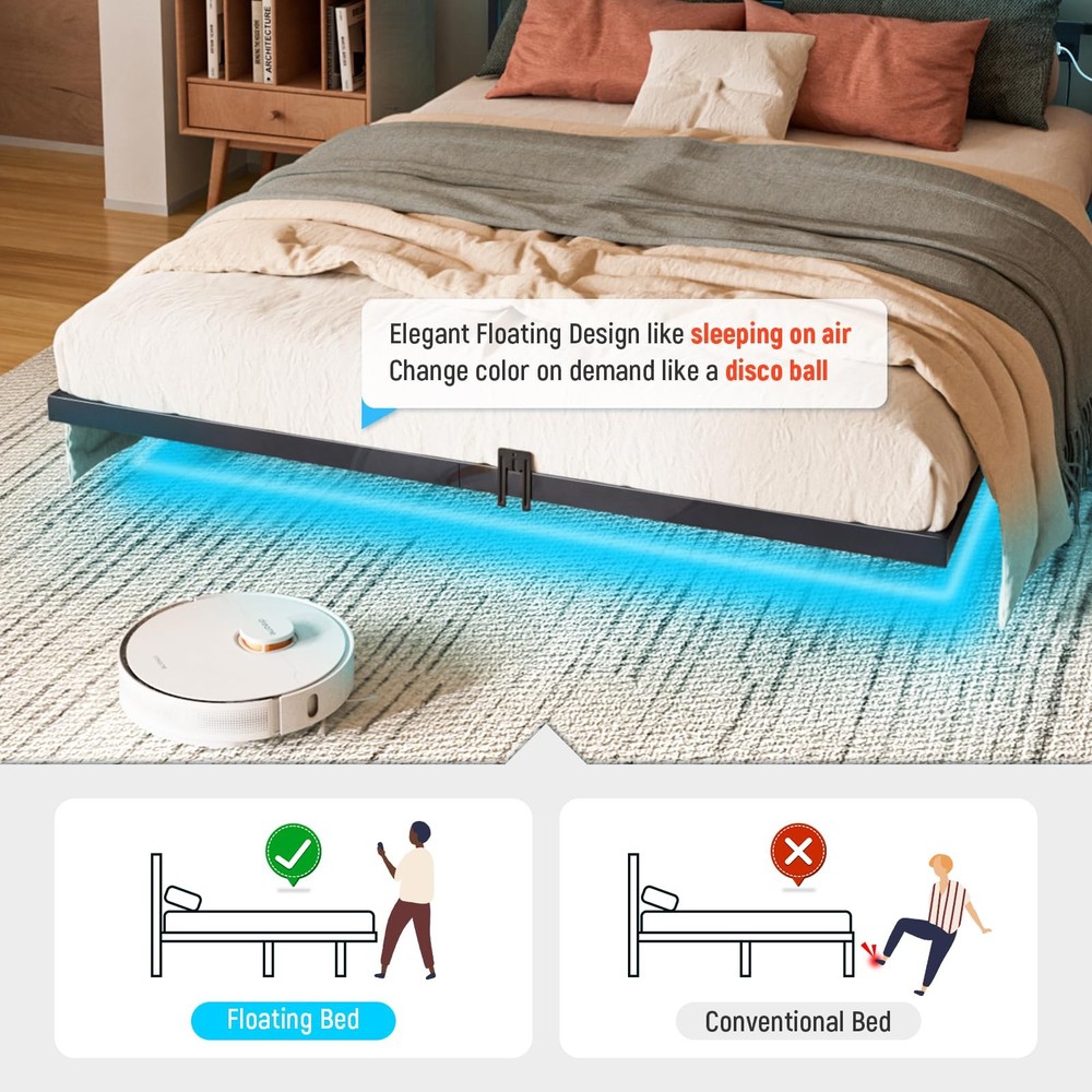 Floating Full Size Platform Bed Frame with LED Lights & Charging Station - In...