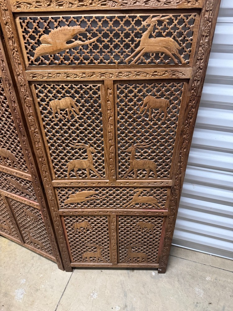 Mid-Century Carved Folding Four Panel Room Divider Screen