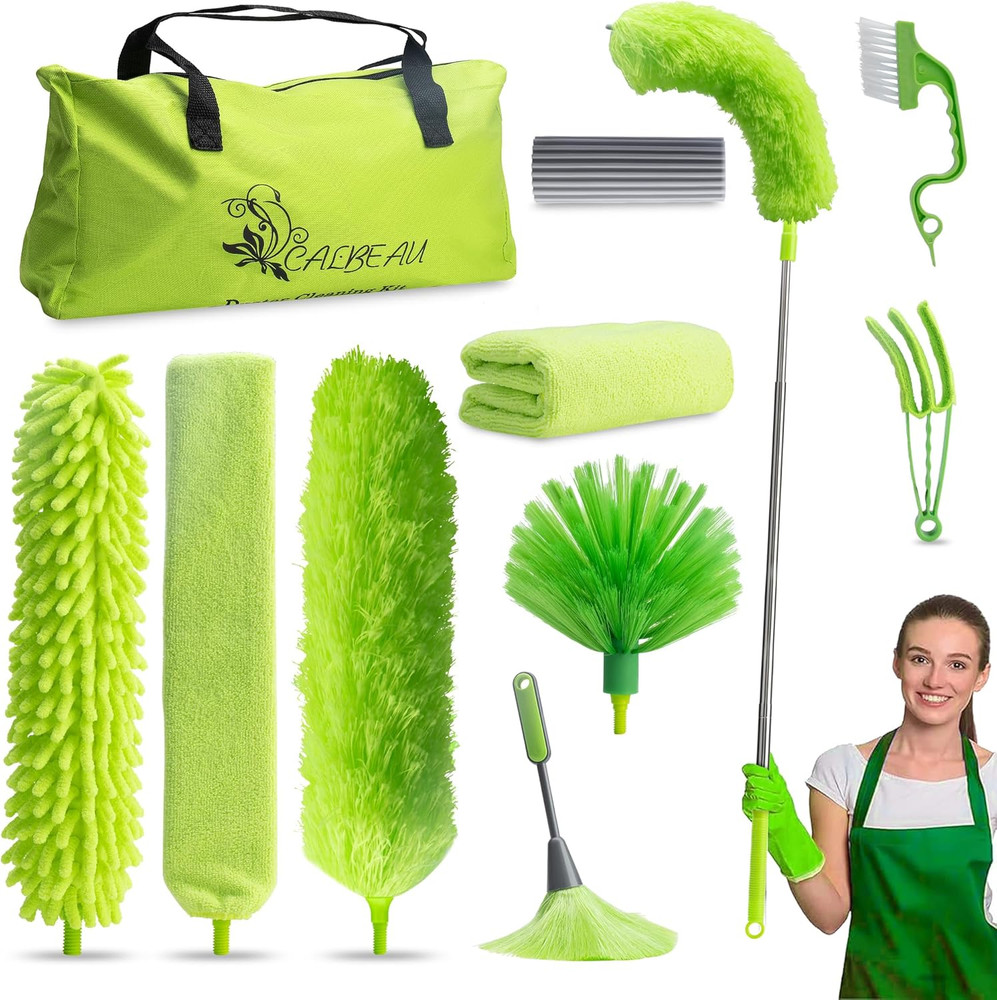 11PCS Microfiber Feather Duster Kit w/ Extension Pole Bendable Washable Cleaning
