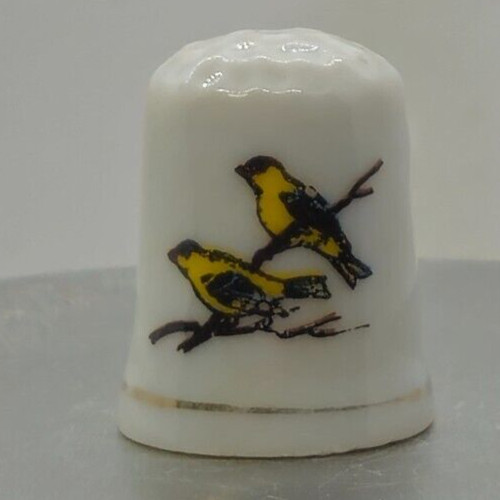 Porcelain Thimble - Two Yellow Birds on Stick