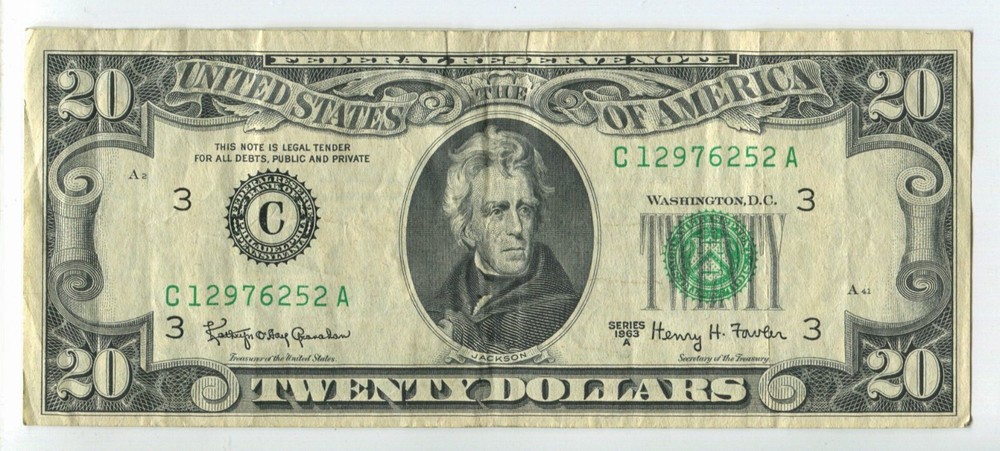 1963-A $20 Federal Reserve Note Offset printing Error VF PHILADELPHIA SM233