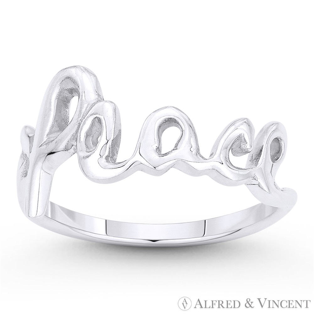 "Peace" Word Cursive Script Solid .925 Sterling Silver Right-Hand Stackable Ring