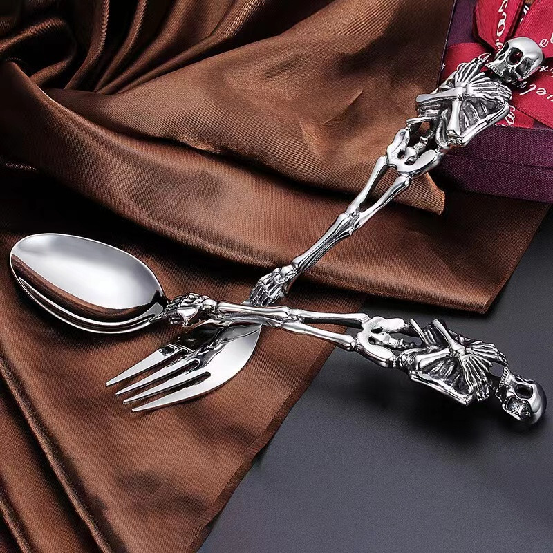1 Set Stainless Skull Skeleton Spoon Fork Knife Dinnerware Set Tableware Gift