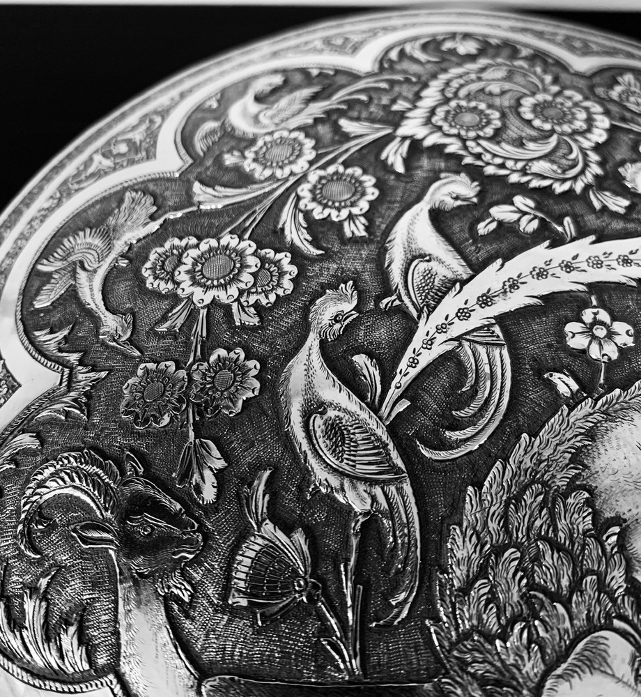 Antique hand engraved persian islamic arabic solid silver round box 945 g
