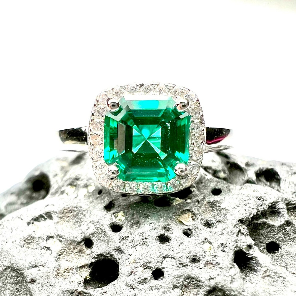 Lab Made Emerald Engagement Ring Solid Sterling Silver 925 , May birthstone
