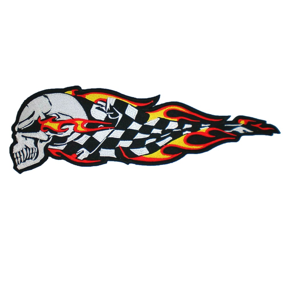 LARGE Skull Fire Checkered Flag Fly Racing Winner Biker Vest Jacket Back Patch