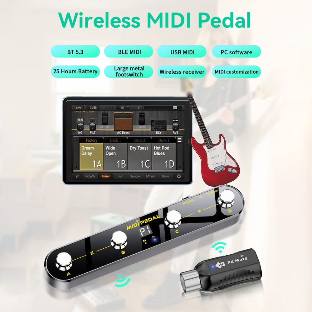 Wireless MIDI Controller Pedal 5 Modes Digital Display For Musicians VTOS