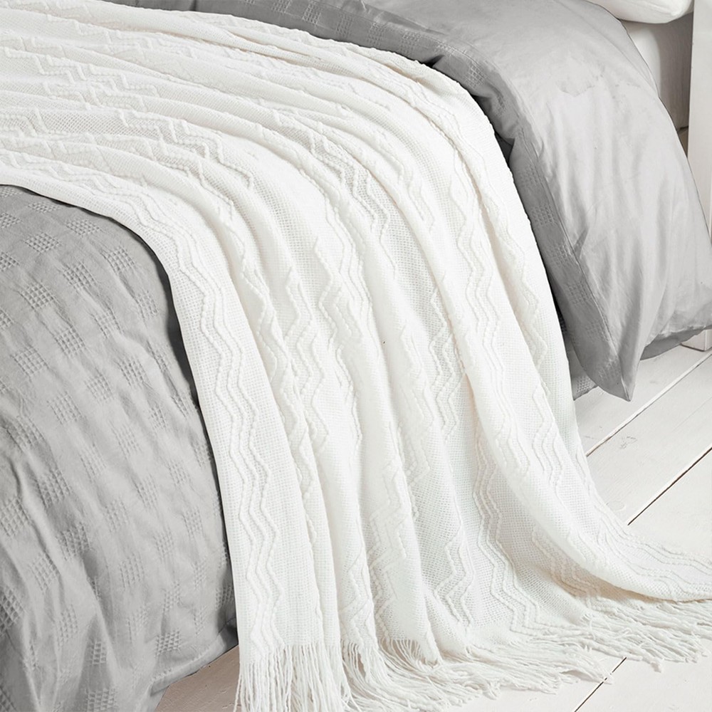Off White Throw Blanket 50x60 Inches Throw Textured Solid Soft Sofa Couch Dec...