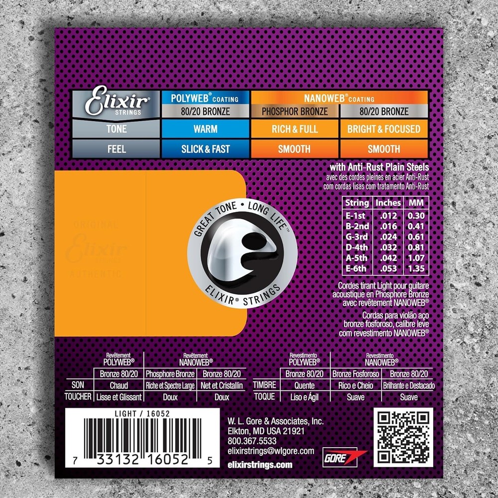 Elixir 16052 Strings Phosphor Bronze Acoustic Guitar Strings NANOWEB Coating TL